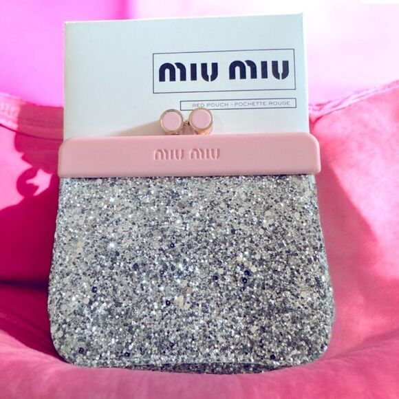 MIU MIU Mini Silver Glitter Evening Clutch / Pouch with Snap Top Closure